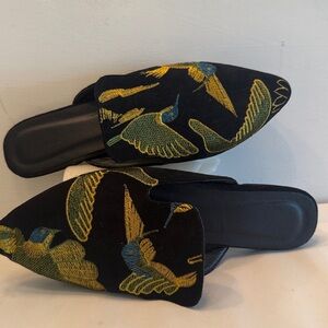 Embroidered black gold turquoise birds slip on flats women's
